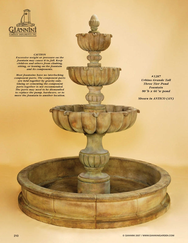 Urbino Grande Elegant Three-Tier Tall Pond Fountain