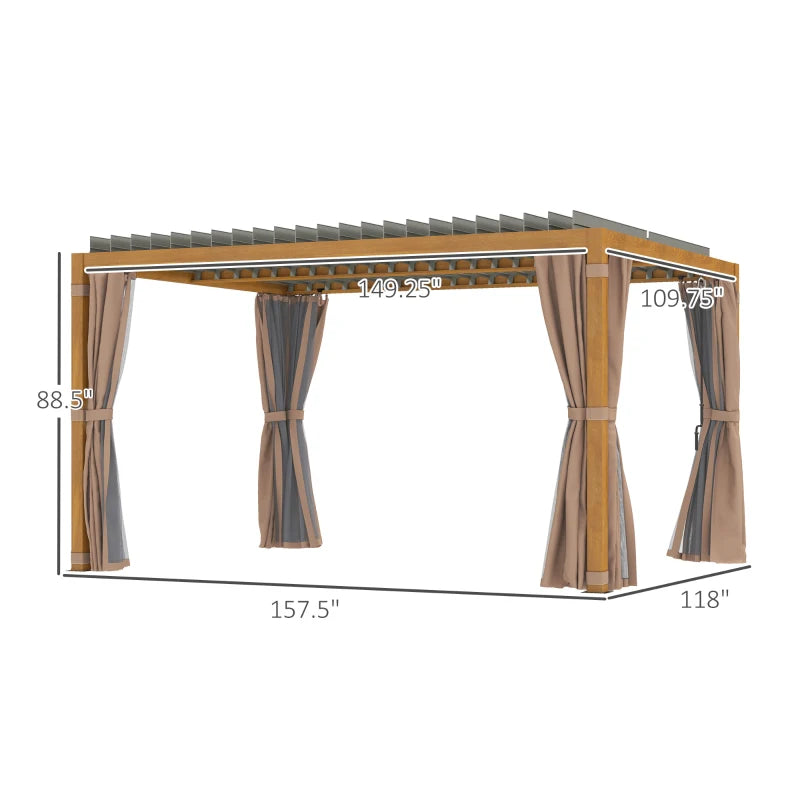 Outsunny 10' x 13' Outdoor Retractable Pergola w/ Sun Shade Louvered Top, Pergola w/ Canopy, Curtains, Netting, Natural Wood