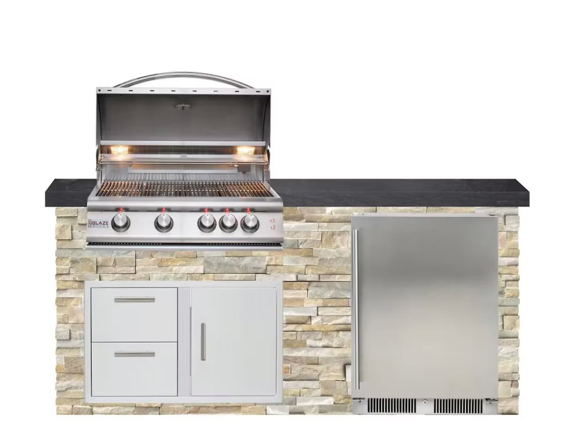 Tru Innovative Outdoor 6 Ft Outdoor Kitchen Island w/ 32 Inch Natural Gas Blaze LTE+ Grill & Refrigerator | Natural Stone w/ Black Granite