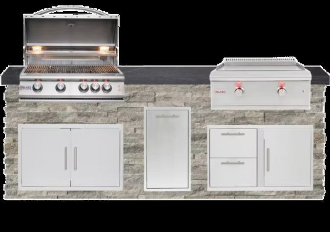 Tru Innovative Outdoor 8 Ft Outdoor Kitchen Island w/ 32 Inch Propane Blaze LTE+ Grill & Griddle & Narrow Trash Bin | Tan Stone w/ Black Granite