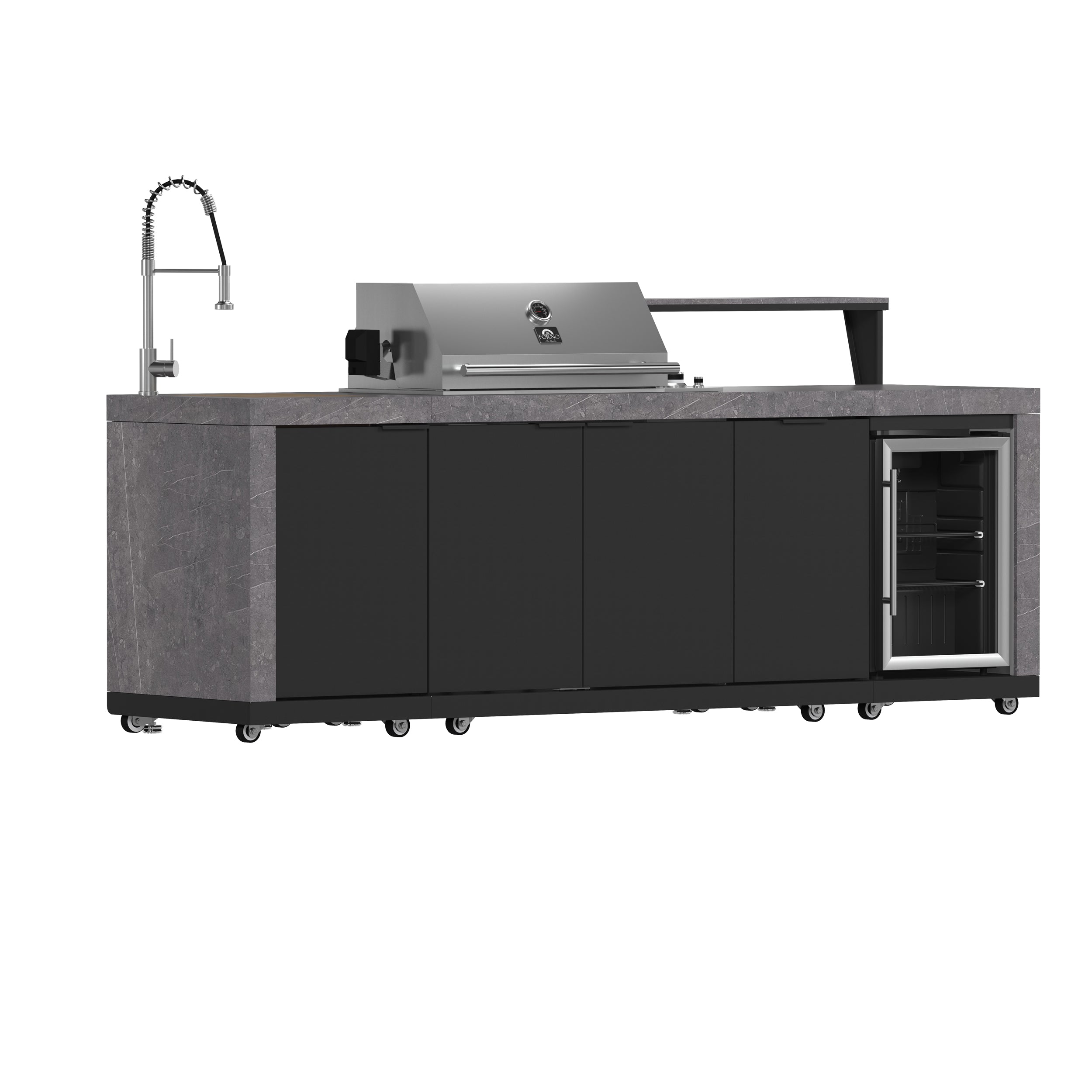 Forno Rimini Outdoor Kitchen 30" BBQ 62,600 BTU, 3 Burners with Sear & Rotisserie, 2.4 cu.ft. Beverage Center, Stainless Steel Sink, Black Cabinets & Gray Sintered Stone Countertop