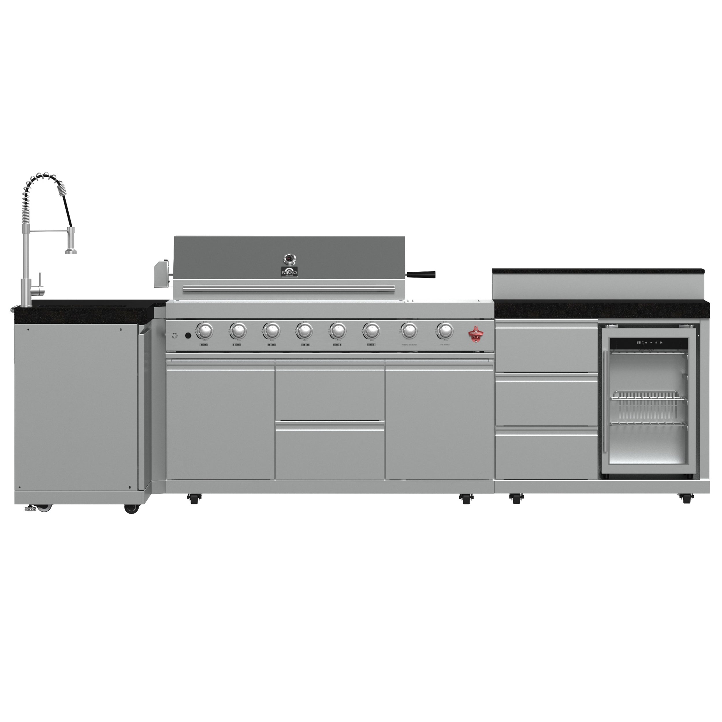 FORNO Bulnes 40-Inch BBQ, 95,000 BTU, 5 Burners, Sear & Rotisserie Infrared with Side Burner, Stainless Steel Outdoor Kitchen with 1.8 cu.ft. Beverage Center & Black Granite Countertops