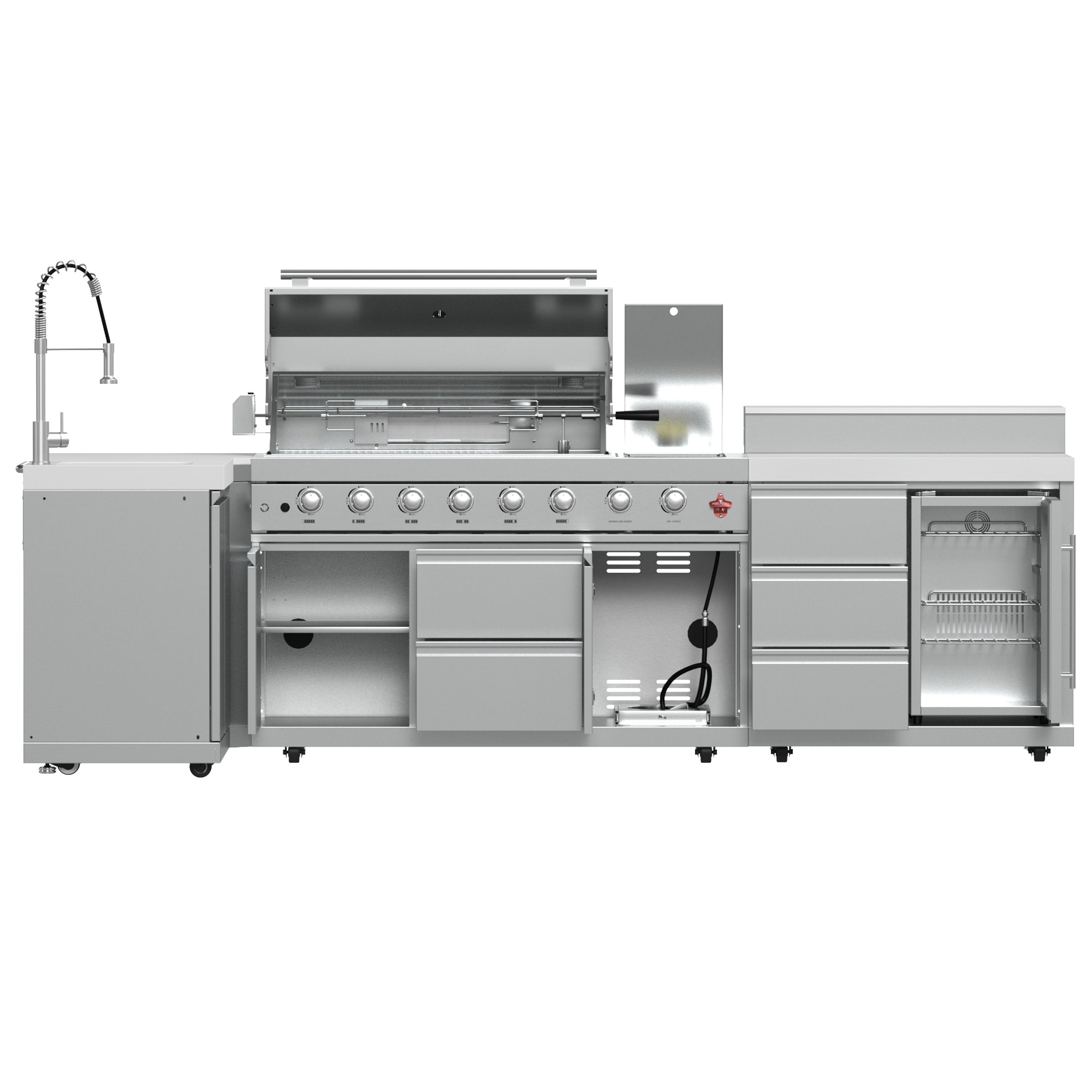 FORNO Bulnes 40-Inch BBQ, 95,000 BTU, 5 Burners, Sear & Rotisserie Infrared with Side Burner, Stainless Steel Outdoor Kitchen with 1.8 cu.ft. Beverage Center & White Sintered Stone Countertops