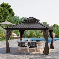 Outsunny 12' x 12' Hardtop Gazebo with Curtains and Netting, Permanent Pavilion Metal Double Roof Gazebo Canopy with Aluminum Frame-Coffee
