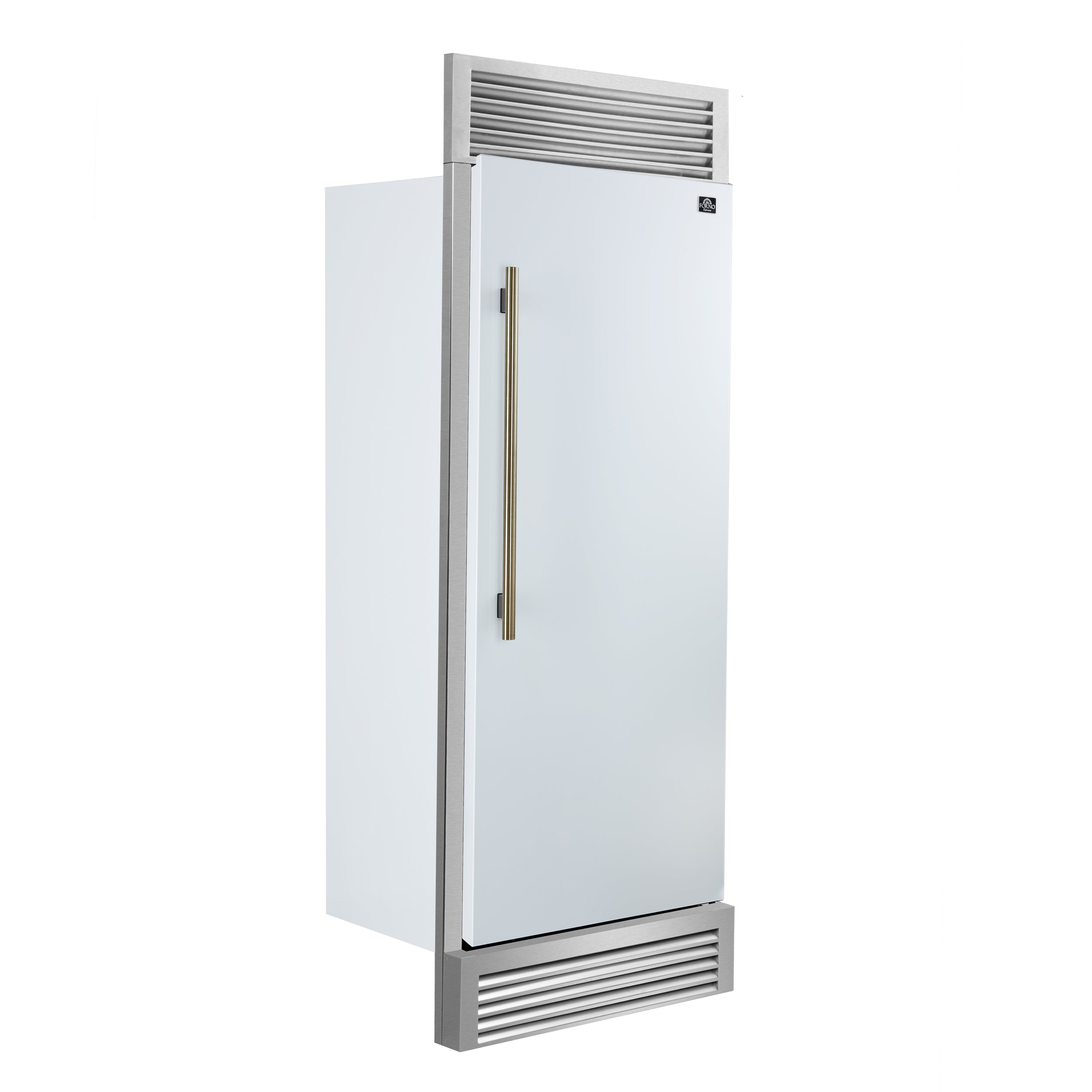 Forno Maderno 28-Inch Built-In Convertible Refrigerator in White with Antique Brass Handle, 13.6 cu.ft. Right Swing with Decorative Trim - 32-Inch Wide