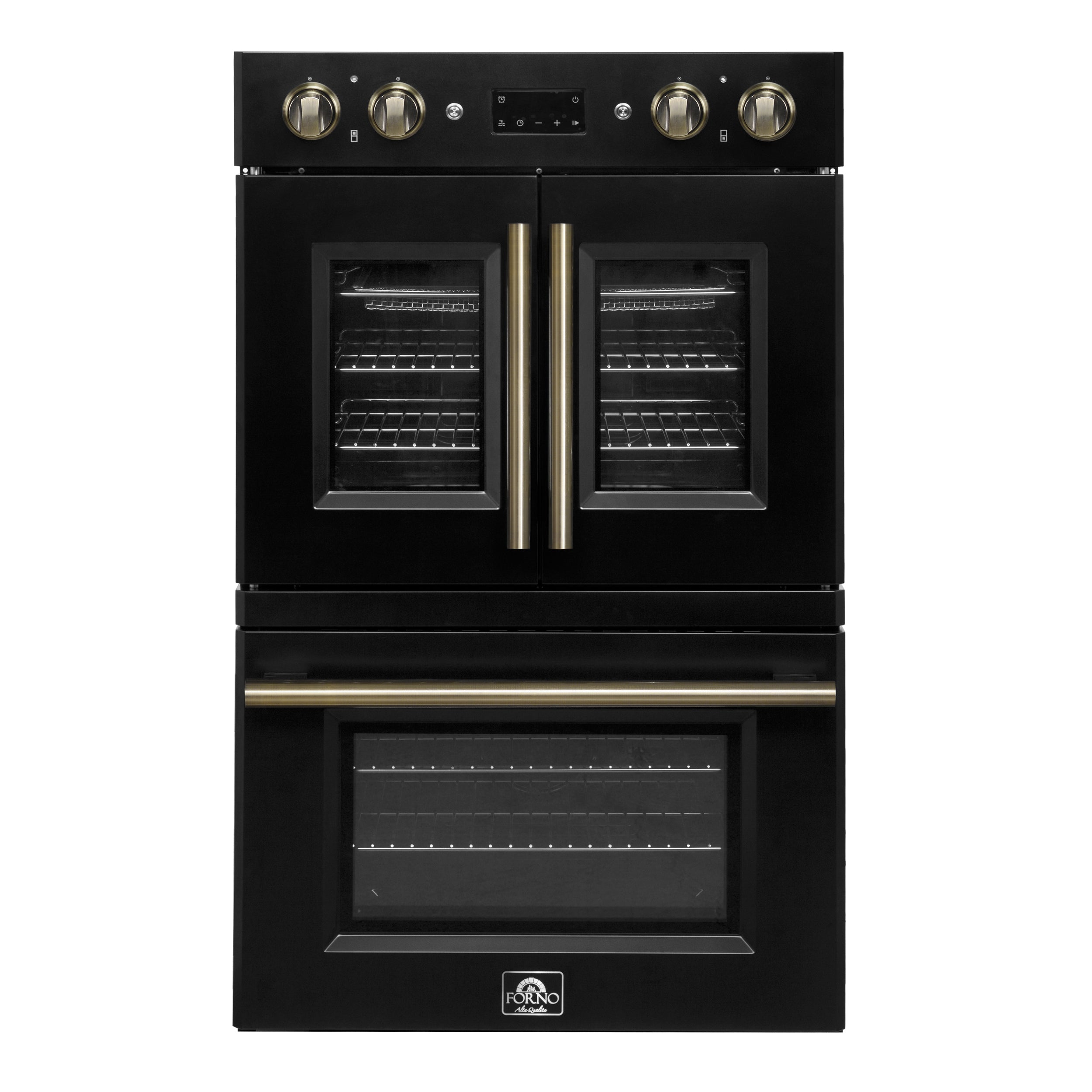 Forno Asti 30-Inch Double Electric Wall Oven with Upper French Doors in Black & Antique Brass, 7.36 cu. ft. Dual True Convection, 7,200W, Air Fry, Sous Vide, Self-Clean