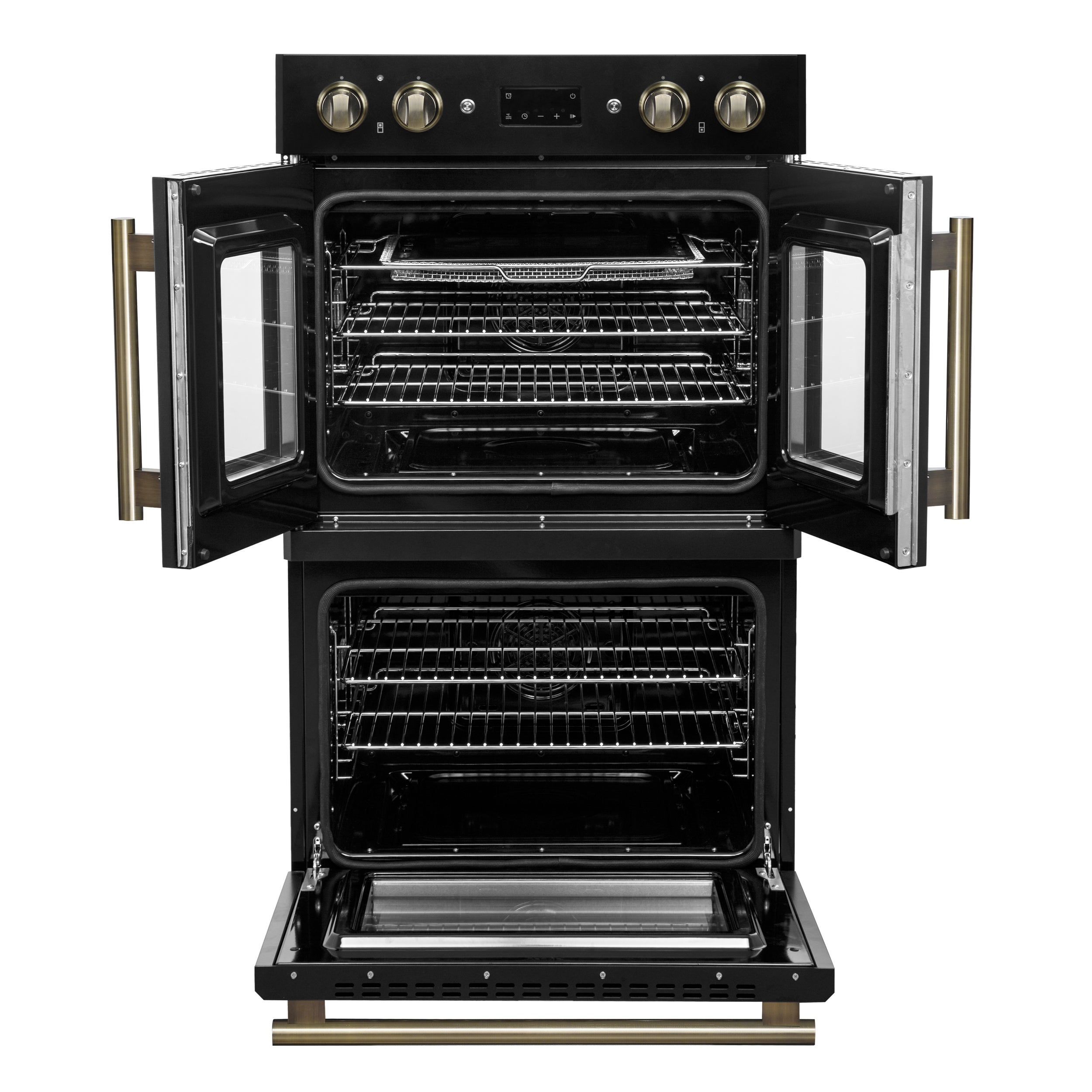 Forno Asti 30-Inch Double Electric Wall Oven with Upper French Doors in Black & Antique Brass, 7.36 cu. ft. Dual True Convection, 7,200W, Air Fry, Sous Vide, Self-Clean