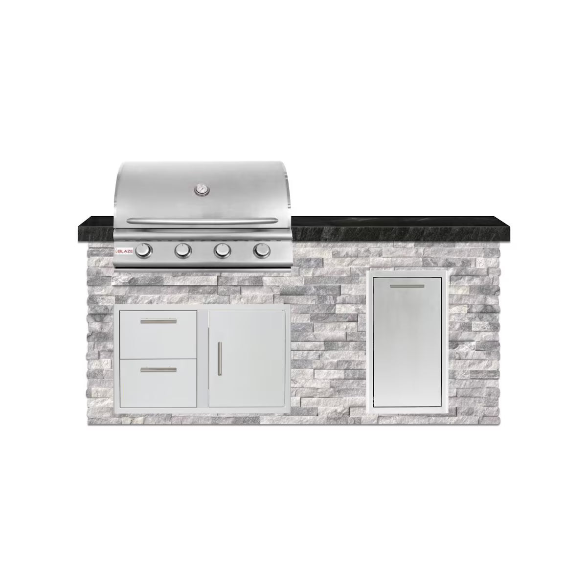 Tru Innovative Outdoor 6 Ft Outdoor Kitchen Island w/ 32 Inch Propane Blaze LTE+ Grill & Narrow Trash Bin-Arctic Glacier Stone/Black Granite