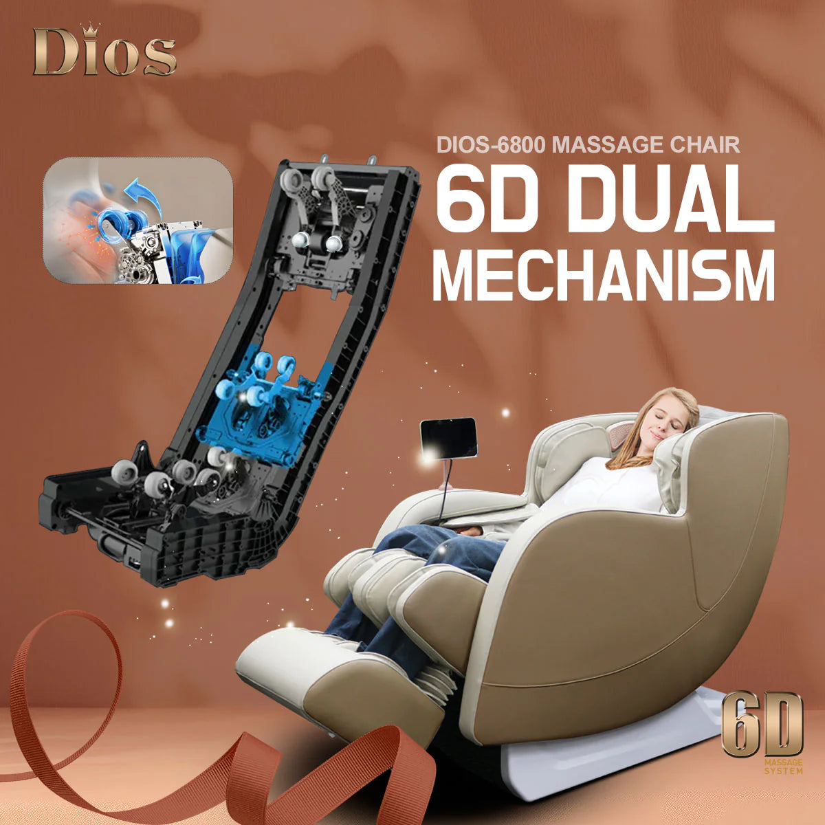 Kahuna Chair Dios Massage Chair 6D Dual Core Air Roller SL-track Dios-6800 Beige/White PRE-ORDER 8-15-25