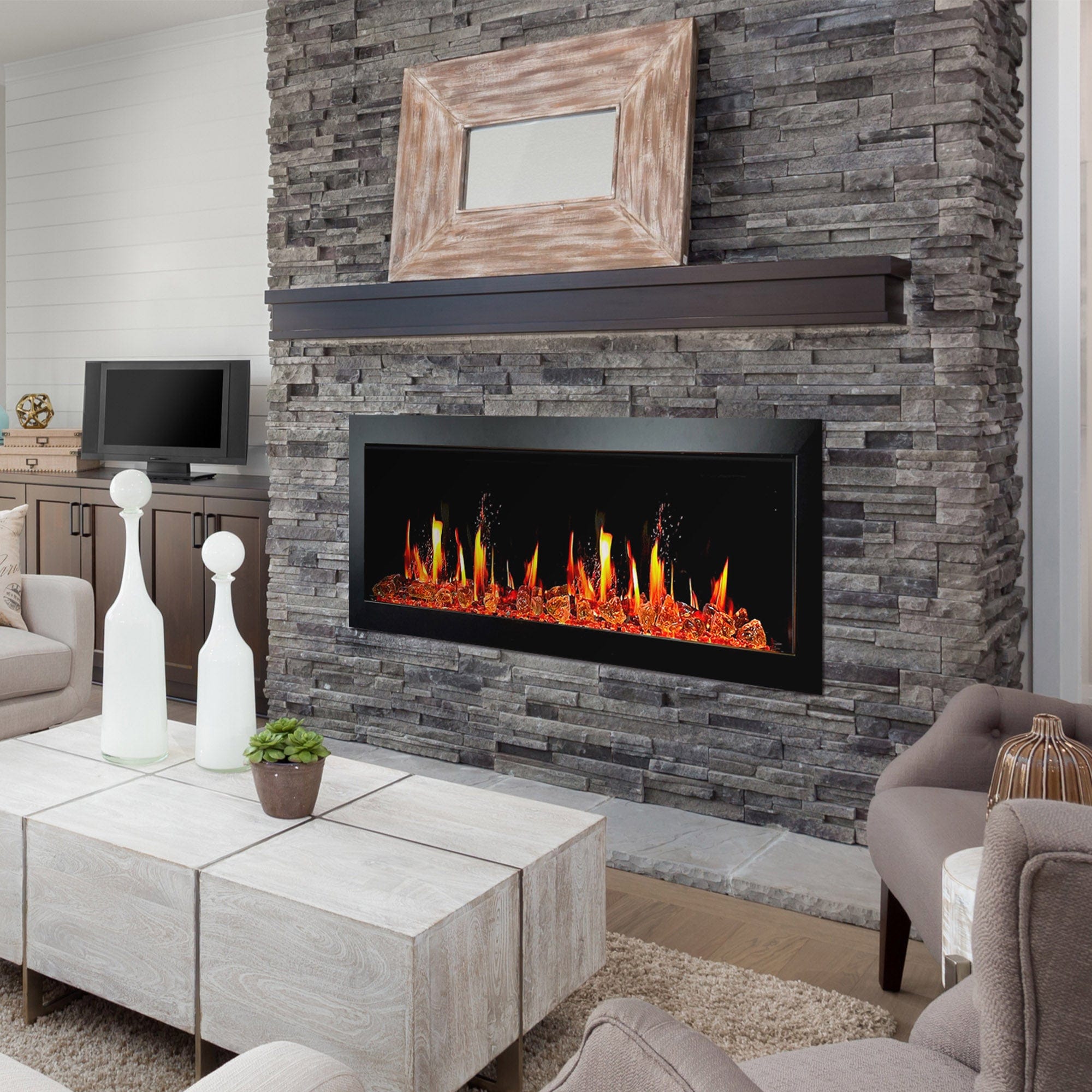 Litedeer Homes Latitude II 58-inch Seamless Push-in Electric Fireplace with Reflective Fire Glass ZEF58VA