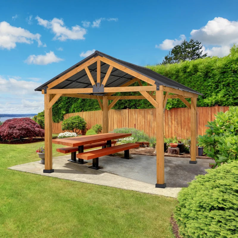 Outsunny 11' x 13' Hardtop Gazebo with Galvanized Steel Roof, Wooden Frame, Permanent Pavilion Outdoor Gazebo
