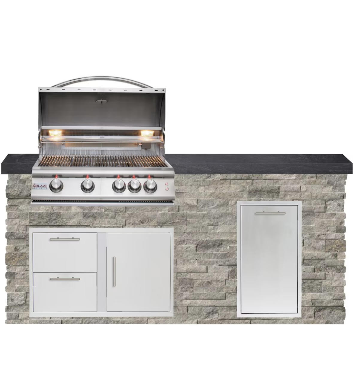 Tru Innovative Outdoor 6 Ft Outdoor Kitchen Island w/ 32 Inch Propane Blaze LTE+ Grill & Narrow Trash Bin-Tan Stone/Black Granite