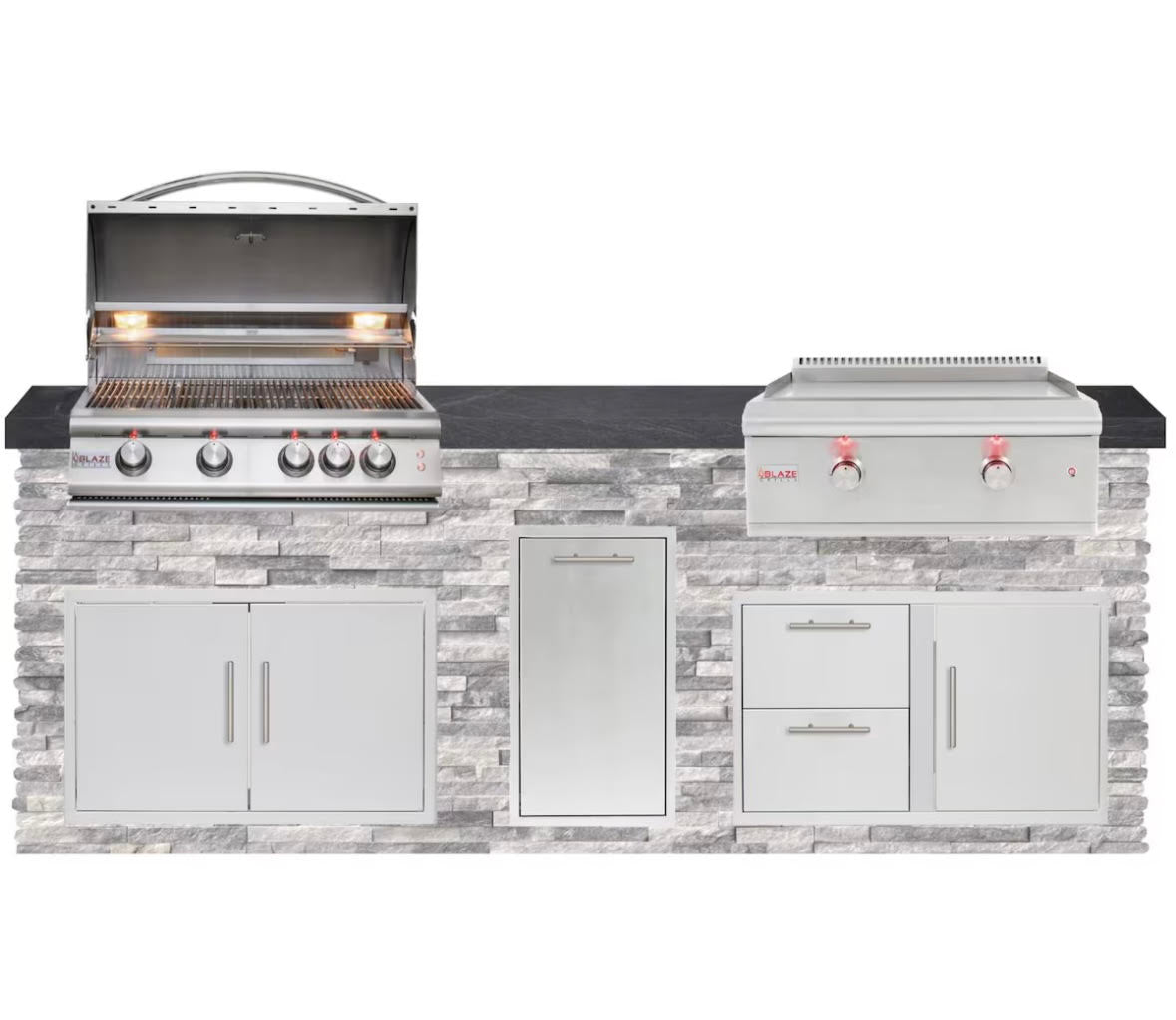 Tru Innovative Outdoor 8 Ft Outdoor Kitchen Island w/ 32 Inch Propane Blaze LTE+ Grill & Griddle & Narrow Trash Bin | Arctic Glacier w/ Black Granite