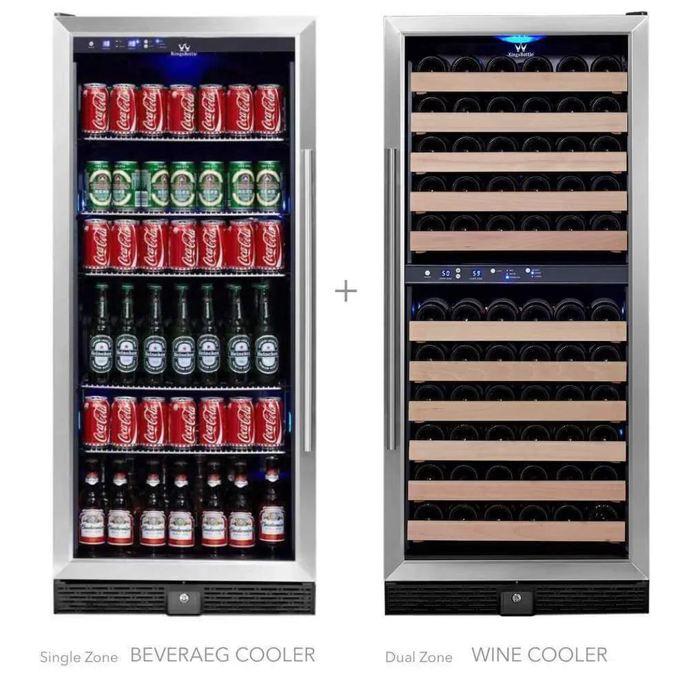 KingsBottle 56" Upright Wine And Beverage Fridge Center Cabinet Freestanding - KBU100BW3-SS
