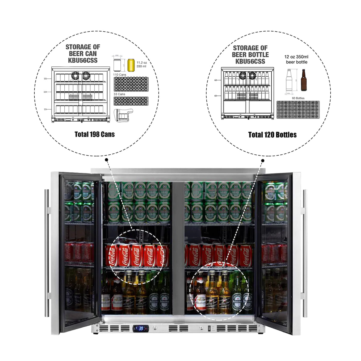 KingsBottle 36" Heating Glass 2 Door Built In Beverage Fridge - KBU56M
