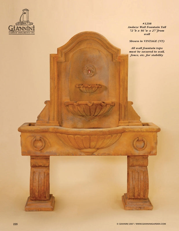 Elegant Tall Anduze Wall Fountain with Spout