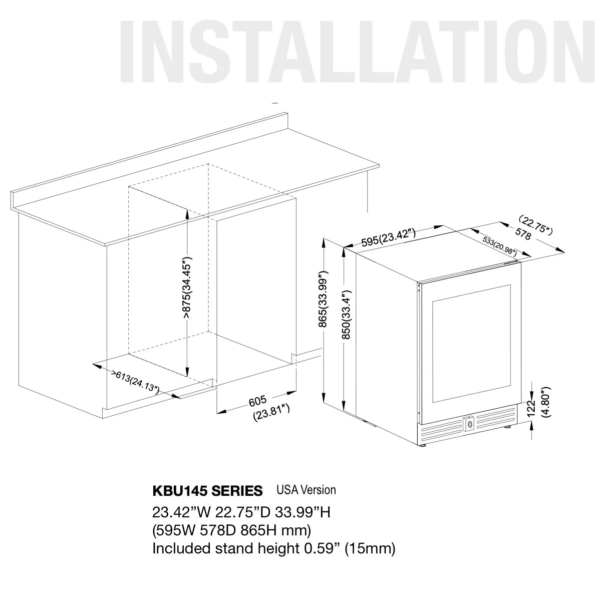KingsBottle 24 Inch Under Counter LOW-E Glass Door Beer Fridge - KBU145BX