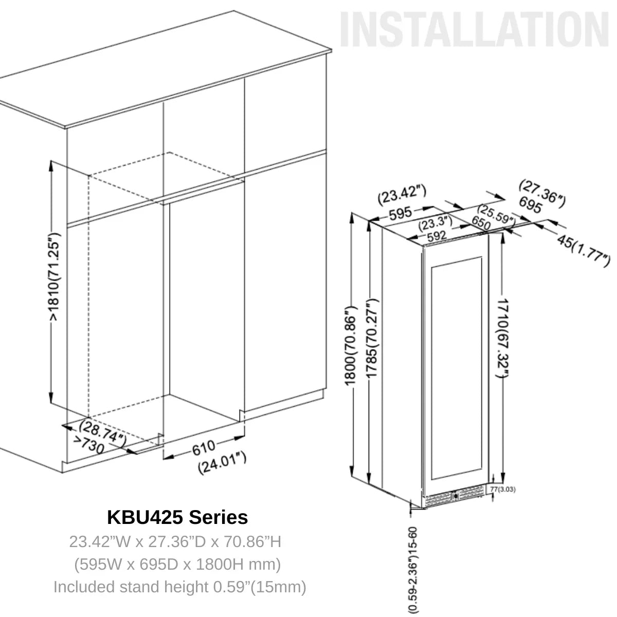 KingsBottle Large Beverage Refrigerator With Low-E Glass Door With Stainless Steel Trim
