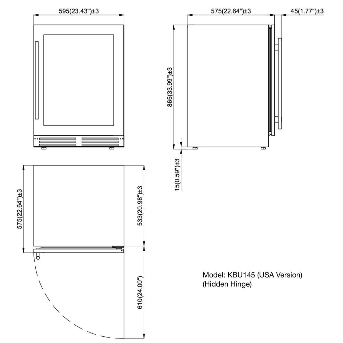 KingsBottle 24 Inch Under Counter LOW-E Borderless Black Glass Door - KBU145BX-FG