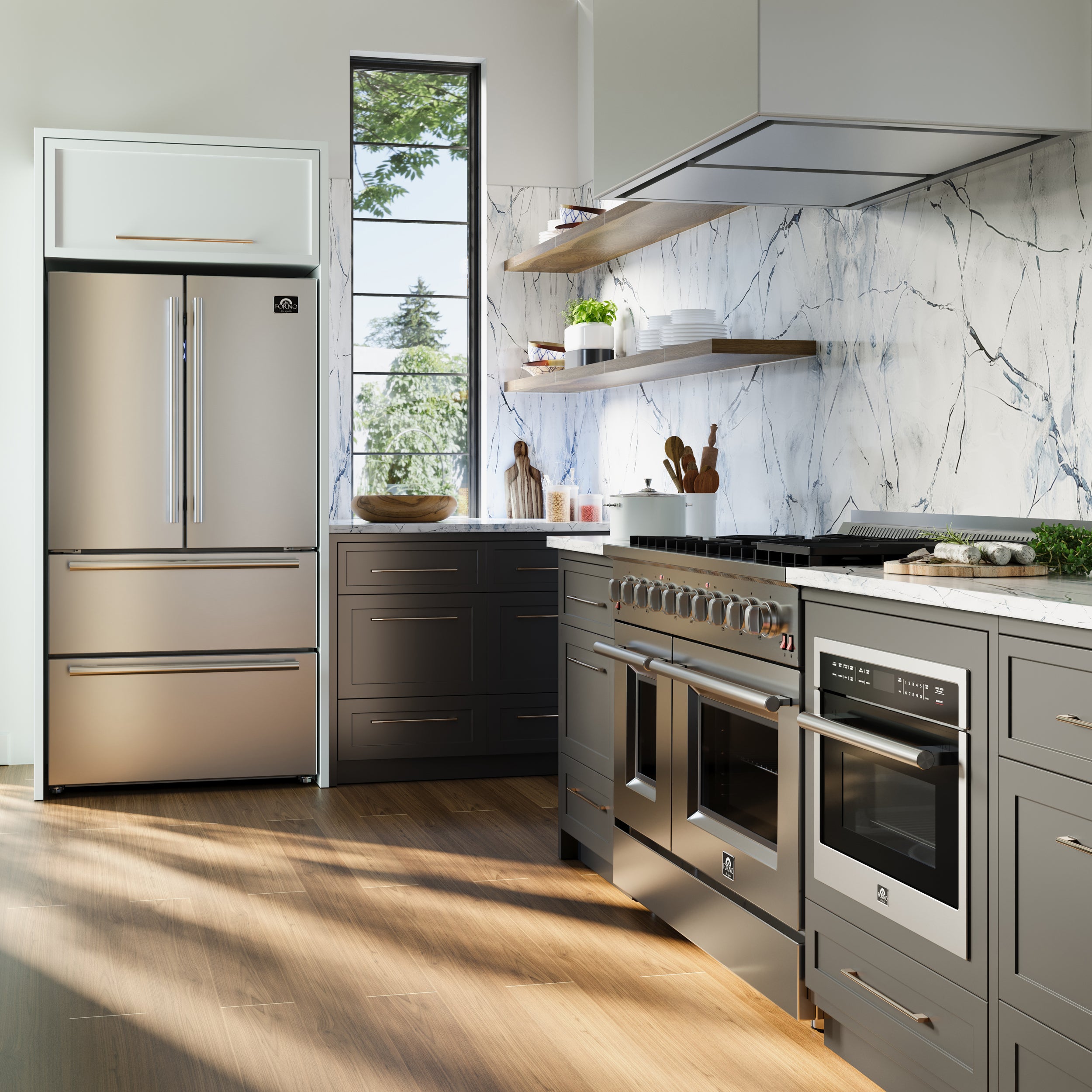 FORNO Premium 3-Piece Kitchen Bundle - FORNO Galiano 48" Freestanding Gas Range, FORNO Maderno 60" 2-Piece Convertible Refrigerator/Freezer Built-In with Decorative Grill Trim, 27.2 cu.ft., FORNO Orvieto 48" Wall Mount Range Hood - FBDL-018-04CAUS