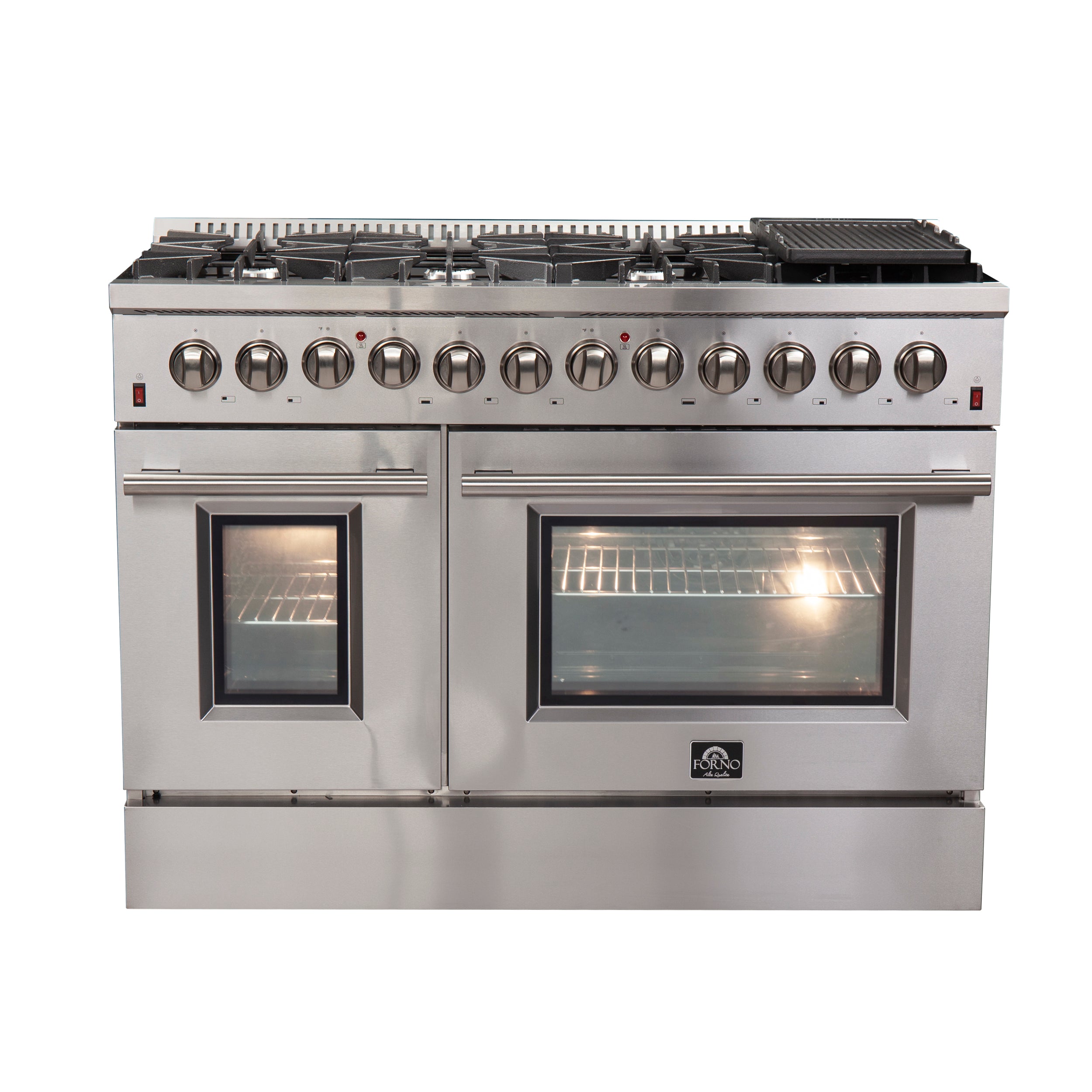 FORNO Premium 3-Piece Kitchen Bundle - FORNO Galiano 48" Freestanding Dual Fuel Range, FORNO Maderno 60" 2-Piece Convertible Refrigerator/Freezer Built-In with Decorative Grill Trim, 27.2 cu.ft., FORNO Orvieto 48" Wall Mount Range Hood - FBDL-017-04CAUS