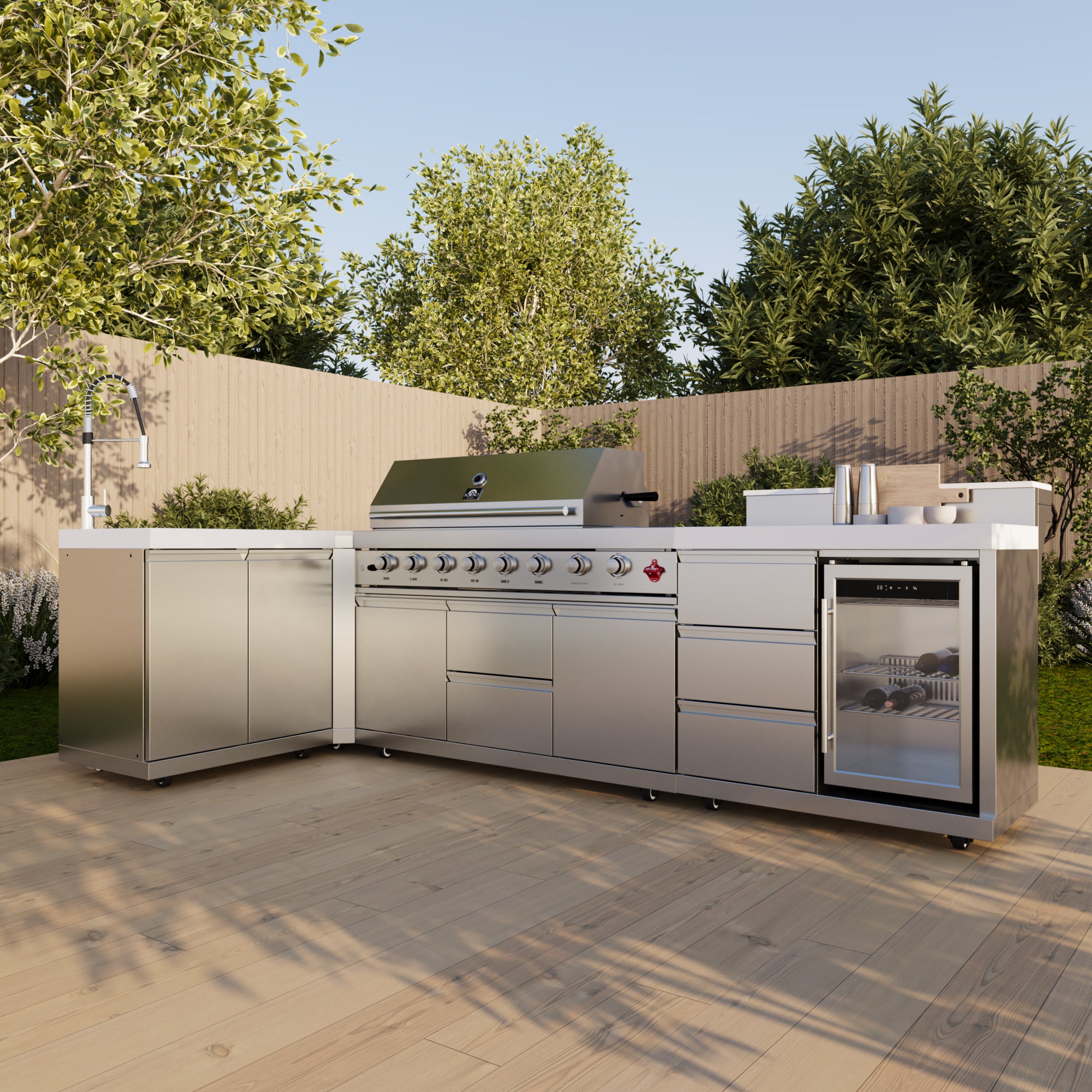 FORNO Bulnes 40-Inch BBQ, 95,000 BTU, 5 Burners, Sear & Rotisserie Infrared with Side Burner, Stainless Steel Outdoor Kitchen with 1.8 cu.ft. Beverage Center & White Sintered Stone Countertops