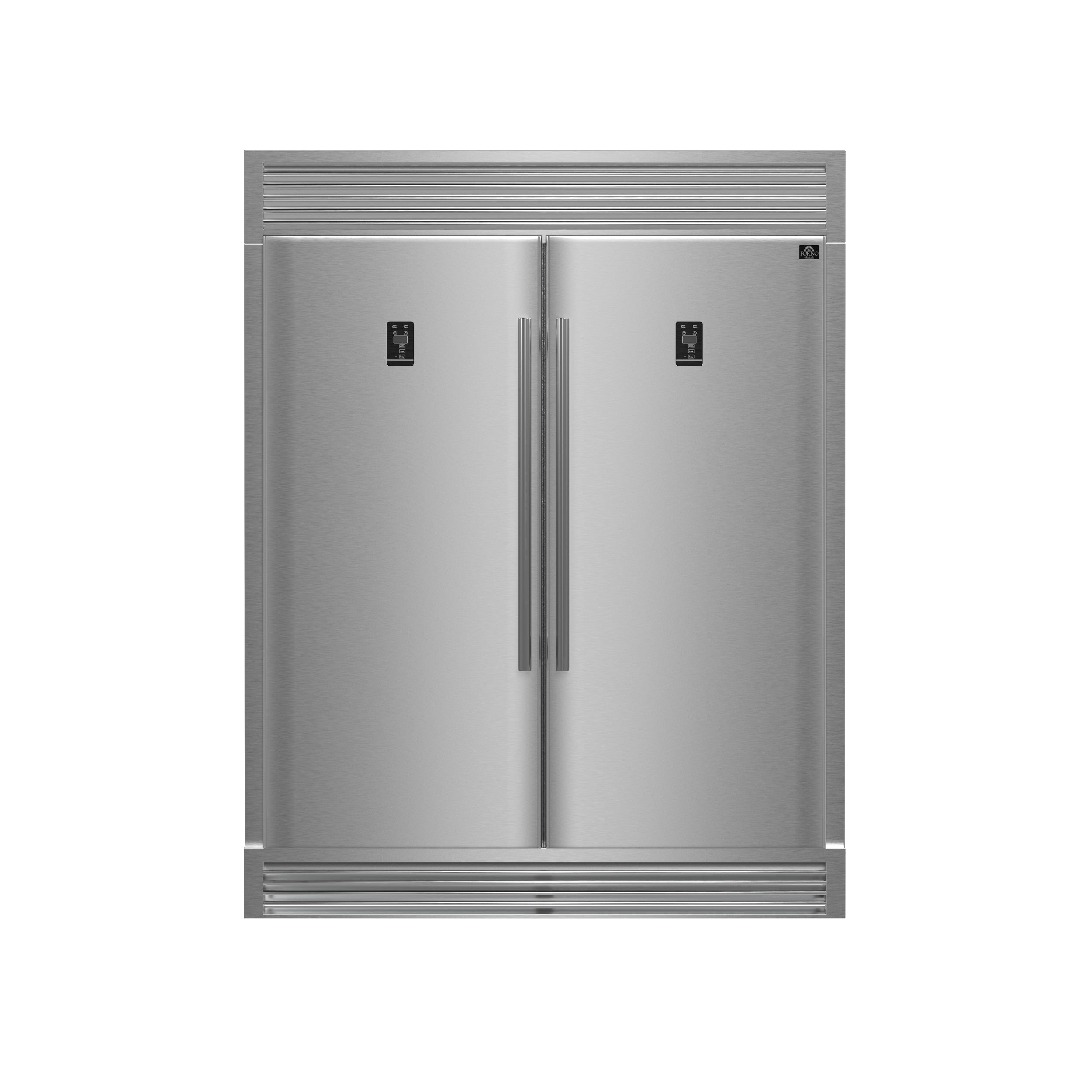 FORNO Premium 3-Piece Kitchen Bundle - FORNO Galiano 48" Freestanding Gas Range, FORNO Rizzuto 60" W. Dual Combo Convertible Refrigerator, FORNO 48" Wall Mount Range Hood - FBDL-018-02US