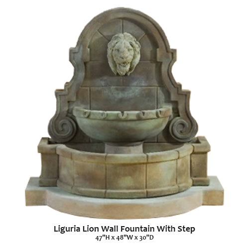 Elegant Liguria Lion Wall Fountain with Decorative Step