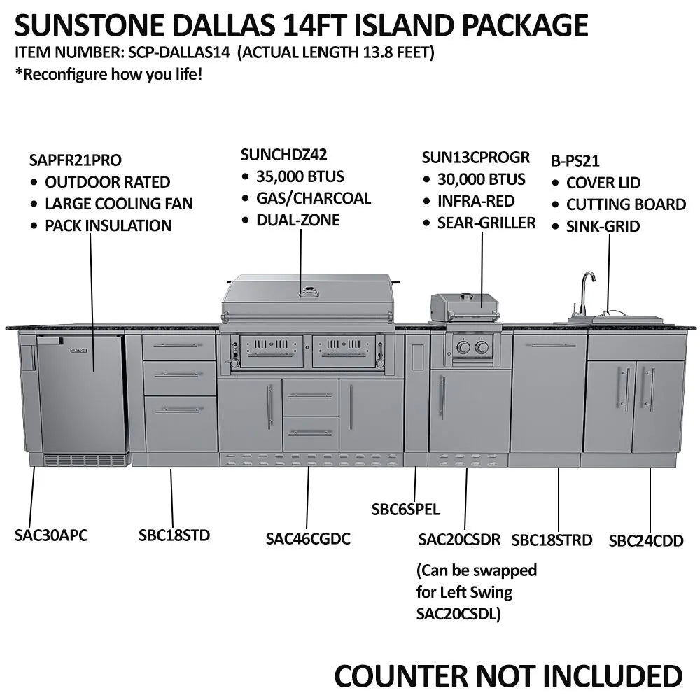 Sunstone Grills THE DALLAS 14 Foot Outdoor Cabinet Island Package with the Largest Gas Hybrid Charcoal Grill – SCPDALLAS14