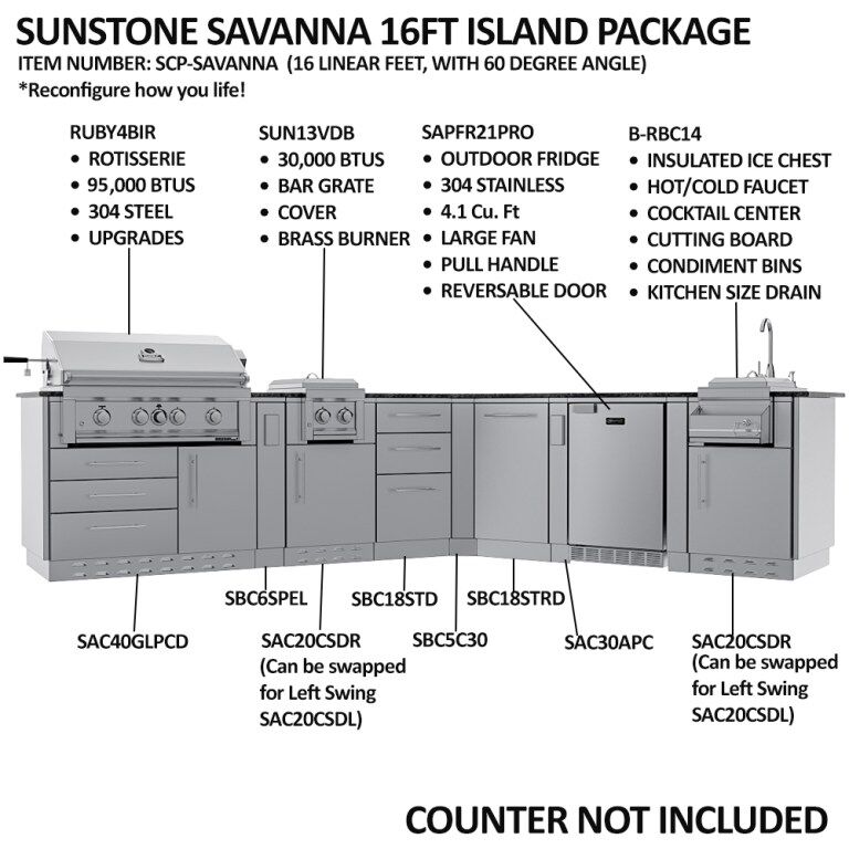 Sunstone Grills THE SAVANNA 16FT Outdoor Cabinet Package with 60° Angle – SCPSAVANNA16