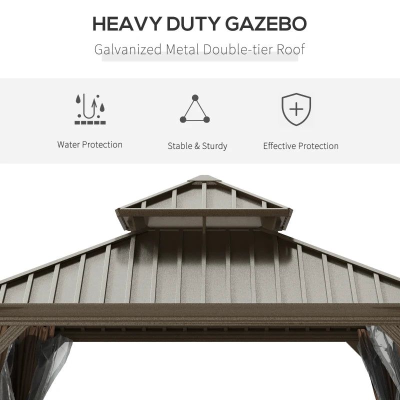 Outsunny 12' x 16' Hardtop Gazebo with Curtains and Netting, Permanent Pavilion Metal Double Roof Gazebo Canopy with Aluminum Frame-Coffee