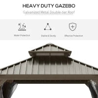 Outsunny 12' x 12' Hardtop Gazebo with Curtains and Netting, Permanent Pavilion Metal Double Roof Gazebo Canopy with Aluminum Frame-Coffee