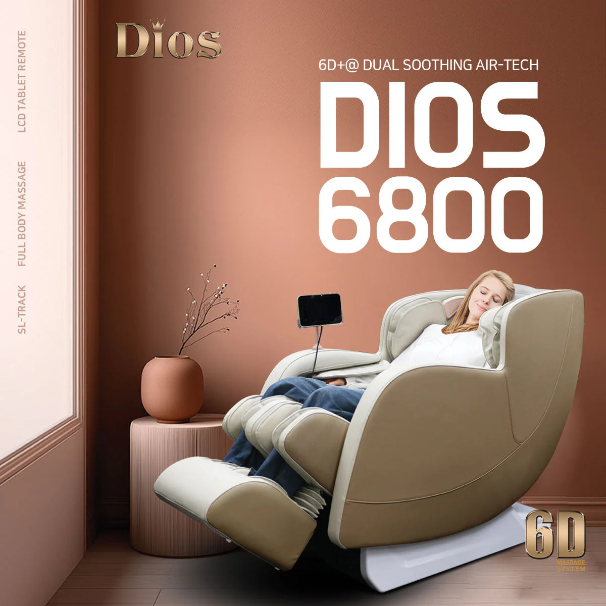 Kahuna Chair Dios Massage Chair 6D Dual Core Air Roller SL-track Dios-6800 Beige/White PRE-ORDER 8-15-25
