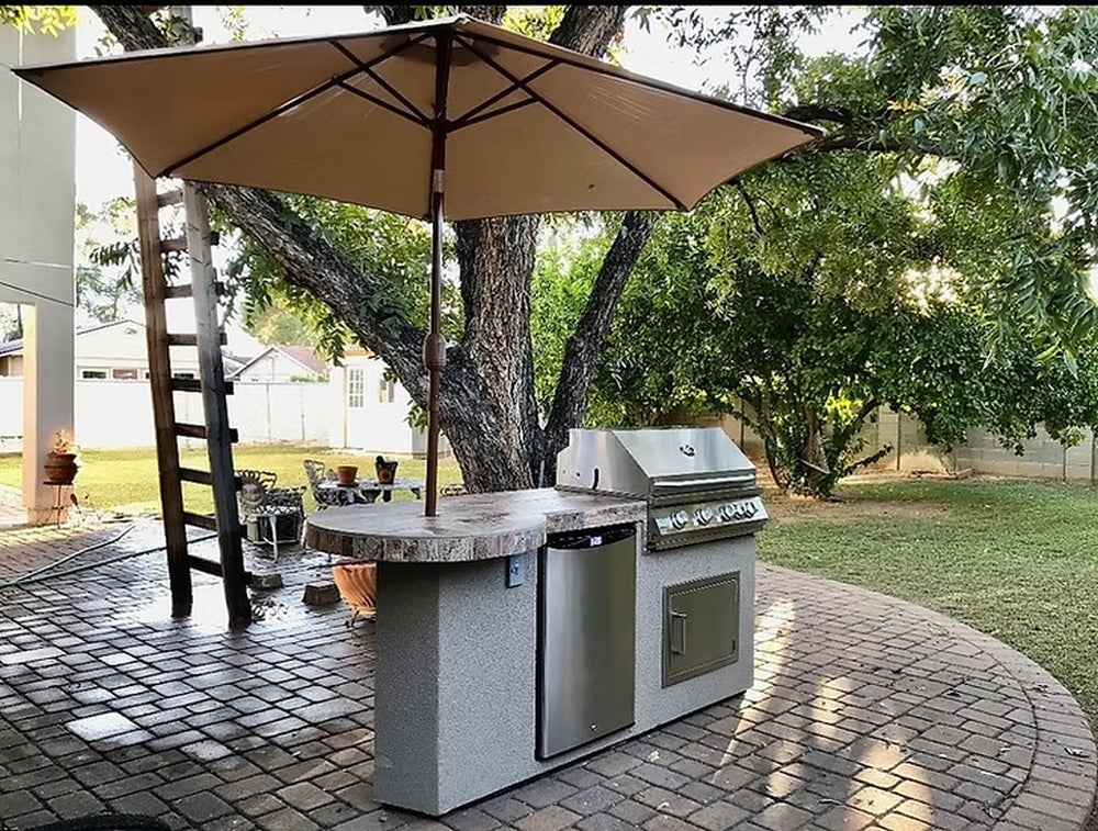 KoKoMo Maui 7'6" BBQ Island with 33" Round Bar and Built-In Grill
