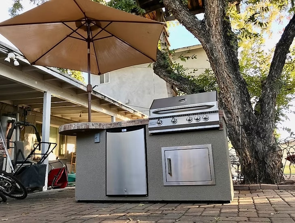 KoKoMo Maui 7'6" BBQ Island with 33" Round Bar and Built-In Grill
