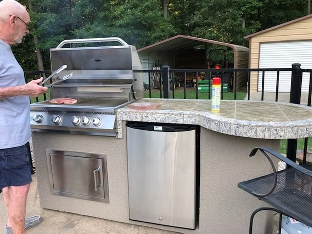 KoKoMo Maui 7'6" BBQ Island with 33" Round Bar and Built-In Grill