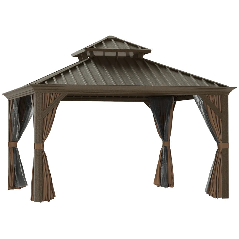 Outsunny 12' x 12' Hardtop Gazebo with Curtains and Netting, Permanent Pavilion Metal Double Roof Gazebo Canopy with Aluminum Frame-Coffee