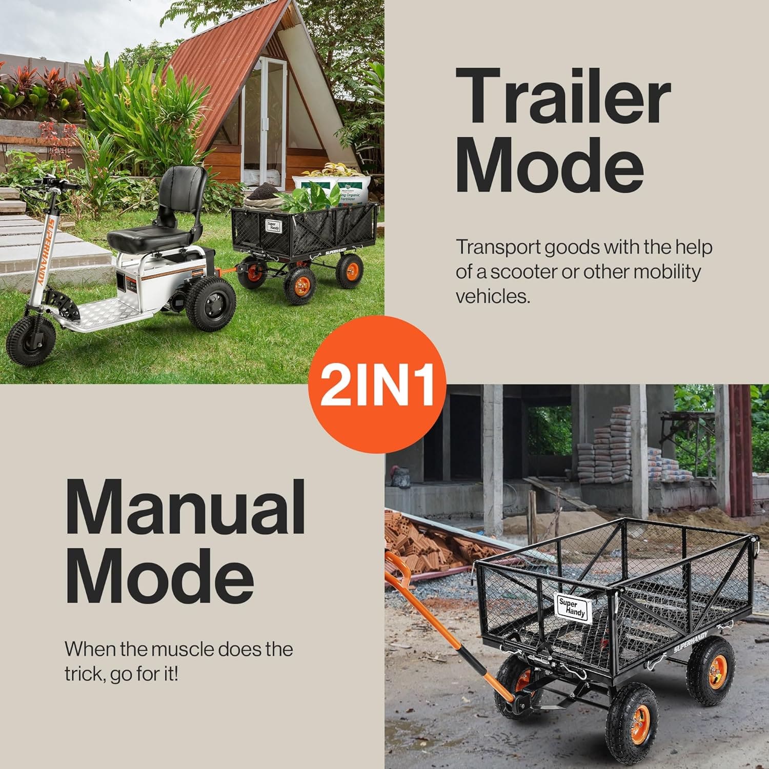 Super Handy Towable Garden Cart - Quick Dump System, 10" Tires, Connects with Tugger Scooter