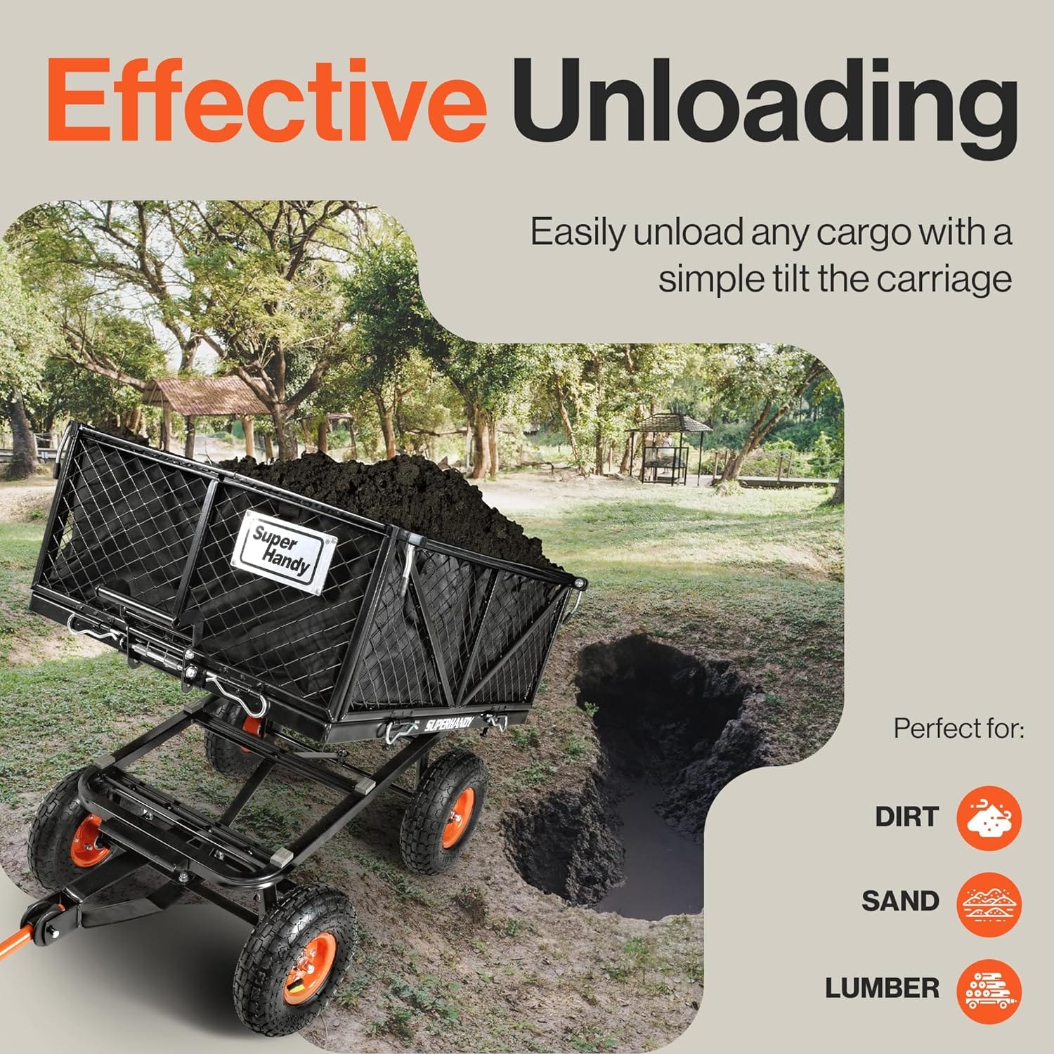 Super Handy Towable Garden Cart - Quick Dump System, 10" Tires, Connects with Tugger Scooter