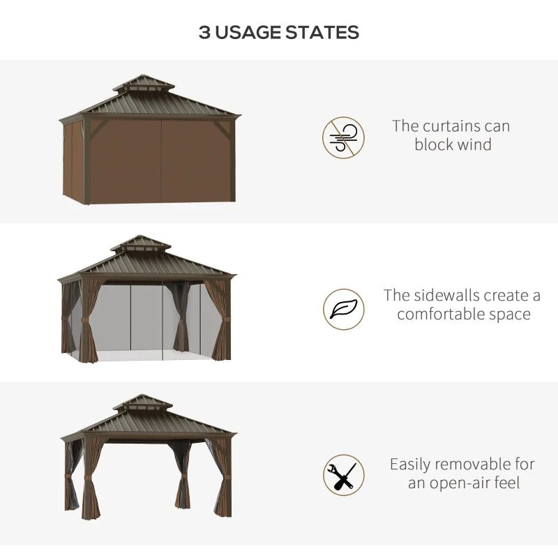 Outsunny 12' x 12' Hardtop Gazebo with Curtains and Netting, Permanent Pavilion Metal Double Roof Gazebo Canopy with Aluminum Frame-Coffee